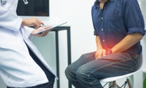 A doctor in a white lab coat is talking to a young man who has been diagnosed with prostate cancer.