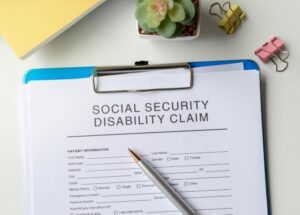 A clipboard holds a Social Security Disability claim form. Social Security reviews each claim on its own, so there is no single approval rate for people ages 50 to 54.